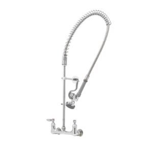 CENTERSET WALL MOUNT 33-3/8 HIGH PRE-RINSE FAUCET WITH 44 HOSE, LEVER HANDLES