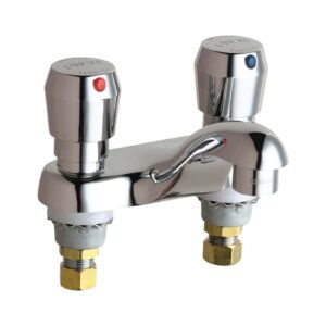 DECK MOUNT CENTERSET METERING FAUCET WITH 4 CENTERS, PUSH BUTTONS, VANDAL PROOF AERATOR