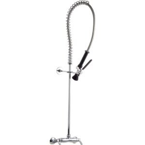 WIDESPREAD WALL MOUNT 40-5/8 HIGH PRE-RINSE FAUCET WITH 44 HOSE, LEVER HANDLES